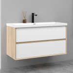 Meuble salle de bain suspendu 100 cm blanc et ch�ne, 2 tiroirs + vasque inclus