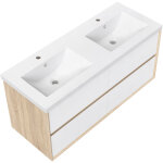 Meuble salle de bain suspendu 120 cm avec double vasque + 4 tiroirs, blanc et ch�ne