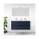 Meuble de salle de bain suspendu 140 cm en bois bleu satin avec vasque intgr - nova - avec miroir ...