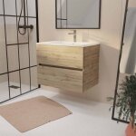 Meuble de salle de bains suspendu 70 cm timber - dcor chne naturel 2 tiroirs avec vasque blanche