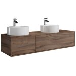 Meuble de salle de bain suspendu coloris naturel fonc� avec double vasque � poser ronde - l150 cm - isaure ...
