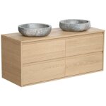 Meuble de salle de bain suspendu avec double vasque à poser en pierre - placage chêne - 120 cm - milipam ... Meuble de salle de bain suspendu avec double vasque à poser en pierre - placage chêne - 120 cm - milipam ...