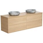 Meuble de salle de bain suspendu avec double vasque à poser en pierre - placage chêne - 150 cm - milipam ... Meuble de salle de bain suspendu avec double vasque à poser en pierre - placage chêne - 150 cm - milipam ...