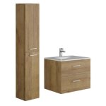 Meuble de salle de bain suspendu simple vasque avec colonne de rangement - coloris naturel clair - 60 ...