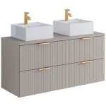 Vente - unique - meuble de salle de bain suspendu strié avec double vasque à poser carrée - beige - l120 ... Vente - unique - meuble de salle de bain suspendu strié avec double vasque à poser carrée - beige - l120 ...