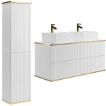 Meuble de salle de bain suspendu stri� avec double vasque � poser carr�e et colonne - blanc - 120 cm ...