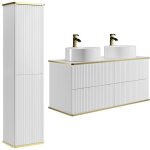 Meuble de salle de bain suspendu stri� avec double vasque � poser ronde et colonne - blanc - 120 cm - ...
