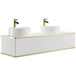 Meuble de salle de bain suspendu stri� liser� dor� 2 tiroirs avec double vasque � poser ronde - blanc ...