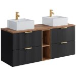 Meuble de salle de bain suspendu strié avec niches et double vasque à poser carrée - noir et naturel ... Meuble de salle de bain suspendu strié avec niches et double vasque à poser carrée - noir et naturel ...