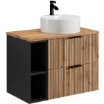 Meuble de salle de bain suspendu stri� avec niches et vasque � poser ronde - naturel clair - l80 cm - ...