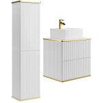 Meuble de salle de bain suspendu stri� avec vasque � poser carr�e et colonne - blanc - 60 cm - keliza ...