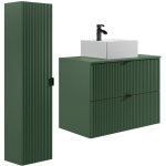 Meuble de salle de bain suspendu stri� avec vasque � poser carr�e et colonne - vert mat - 80 cm - zevini ...