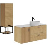 Meuble de salle de bain suspendu stri avec vasque  poser et colonne avec niche - 1 porte et 2 tiroirs ...