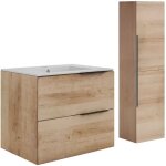 Meuble de salle de bain suspendu avec vasque � encastrer et colonne - naturel clair - 60 cm - nisaya