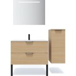 Homifab - meuble de salle de bain suspendu vasque intgre 90cm 2 tiroirs chne clair + miroir + colonne ...