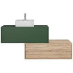 Meuble de salle de bain suspendu vert et naturel clair avec simple vasque carre et deux tiroirs - 94 ...