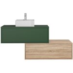 Meuble de salle de bain suspendu vert et naturel clair avec simple vasque carr�e et deux tiroirs - 94 ...