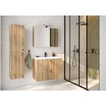 Meuble de salle de bain avec vasque 80 cm �voque ch�ne lamelles rainur�es rietti