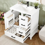 Meuble de salle de bain avec vasque c�ramique int�gr�e, 3 tiroirs et 1 porte, mdf laqu�, pieds bois, ...