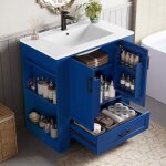 Meuble de salle de bain avec vasque, étagères à double porte, tiroirs et niches latérales, vasque en ... Meuble de salle de bain avec vasque, étagères à double porte, tiroirs et niches latérales, vasque en ...