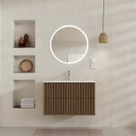 Meuble salle de bains yuki 60 - 2 tiroirs dcor chne et noir - vasque blanche - miroir led 60