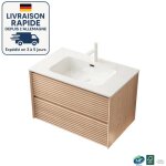 Meuble simple vasque - fix au mur - 81cm - lavabo rectangulaire sous plan en cramique blanche - meuble ...