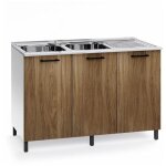 Meuble sous évier avec 3 portes et évier réversible coloris noyer naturel 120 cm Meuble sous évier avec 3 portes et évier réversible coloris noyer naturel 120 cm