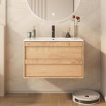 Uev - meuble sous lavabo suspendu 75cm, meuble salle de bain avec lavabo en céramique, deux tiroirs avec ... Uev - meuble sous lavabo suspendu 75cm, meuble salle de bain avec lavabo en céramique, deux tiroirs avec ...