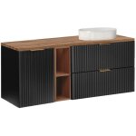 Meuble sous vasque noxera 140 cm ? noir mat & ch�ne ? 2 tiroirs + porte panier + plan vasque + niches ...