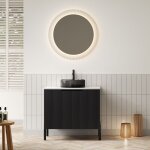 Meuble sous vasque simple, avec vasque ronde en verre noir transparent, plan de travail blanc et portes ... Meuble sous vasque simple, avec vasque ronde en verre noir transparent, plan de travail blanc et portes ...