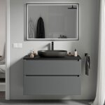 Meuble sous vasque suspendu salle de bain mdf anthracite mat, plan vasque noir mat, tiroirs passe - main ...