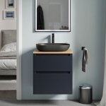 Meuble sous vasque suspendu salle de bain mdf bleu nuit mat, plan vasque chne miel, tiroirs passe - ...