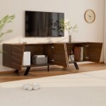 Meuble tele bas de salon, lowboard moderne � fa�ade ondul�e, grand rangement, mdf noyer, pieds m�tal ...