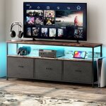 Meuble tv 108 cm, avec 3 tiroirs en tissu pu noir, �clairage led orientable, plateau en peau de tigre, ...