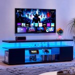 Meuble tv 128 cm, avec �clairage led et cloisons vitr�es, avec grandes armoires lat�rales, grand espace ...
