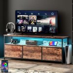 Meuble tv 137 cm, avec 3 tiroirs de rangement, �tag�res, cadre en m�tal, rectangulaire, industriel vintage, ...