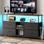 Meuble tv 137 cm, avec 4 tiroirs en tissu pu noir, �clairage led orientable, plateau en peau de tigre, ...