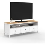 Meuble tv 140 cm achille 3 tiroirs blanc et plateau bois