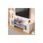 Meuble tv 145 cm blanc et gris avec �clairage led, �cran en verre tremp�, haute brillance