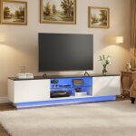 Meuble tv 160, meuble tv avec bande led int�gr�e - 2 portes sans poign�es et compartiment ouvert, design ...