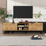 Meuble tv 160 cm, avec 2 portes de rangement, 2 niches ouvertes, veinage bois, pieds en m�tal, style ...