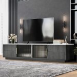 Meuble tv 160 cm - meuble tv aspect marbre - meuble tv gris avec tiroirs � ouverture push - 160x40x39 ...