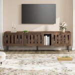 Meuble tv 160 cm, banc t�le en bois, avec 4 espaces de rangement et 3 portes ajour�, convient aux t�l�viseurs ...
