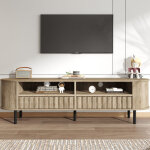 Meuble tv 160 cm en bois massif, style rustique, avec 2 tiroirs, �tag�res de rangement et 5 pieds, design ...