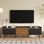 Meuble tv 160 cm, avec trois portes de rangement, charni�res de s�curit�, finition bois, pieds en bois, ...