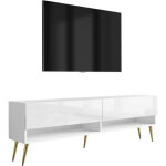 Meuble tv 170 cm blanc mat / blanc brillant, pieds obliques dor�s, 170 � 32 � 52 cm