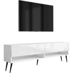Meuble tv 170 cm blanc mat / blanc brillant, pieds obliques noirs, 170 � 32 � 52 cm