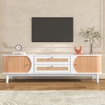 Meuble tv 170 cm en bois avec rangement, 2 porte coulissantes et 2 tiroirs en rotin, style rustique - ...