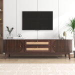 Meuble tv 170 cm en bois avec rangement, 2 porte coulissantes et 2 tiroirs en rotin, style rustique - ...