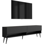 Meuble tv 170 cm noir mat, pieds obliques noirs, 170 � 32 � 52 cm